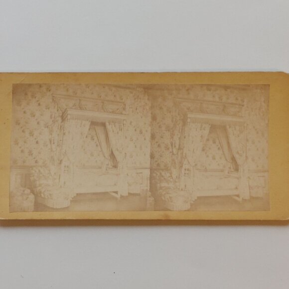 ANTIQUE Stereograph Card Victorian Nursery Bedroom Canopy Bed Image Wallpaper - Picture 1 of 4